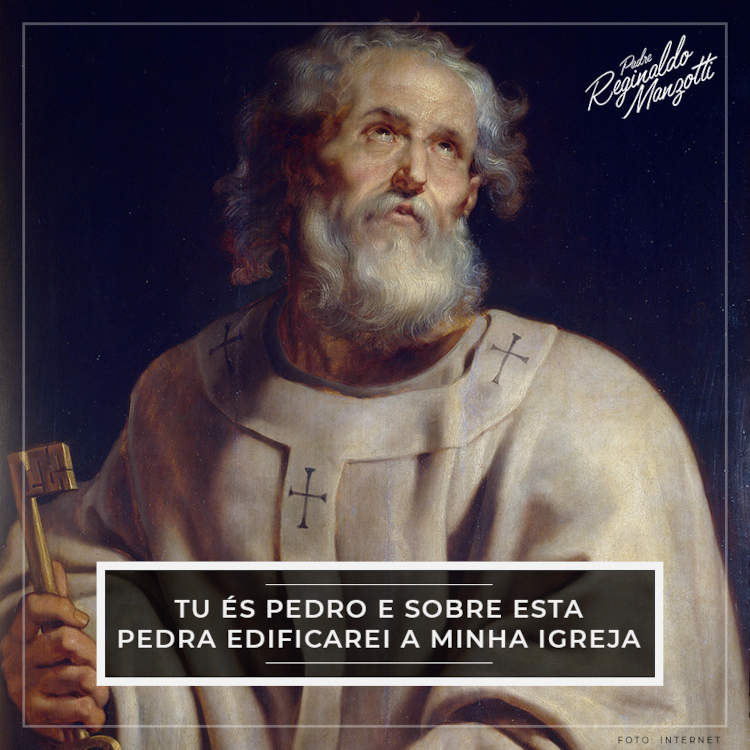 Imagem de São Pedro com assinatura do Padre Reginaldo Manzotti e frase "Tu és Pedro e sobre esta pedra edificarei a minha igreja"