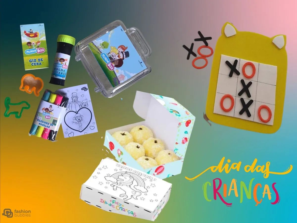 Montagem de fundo colorido com opções de lembrancinha para o Dia das Crianças, como doces, jogo da velha e maleta para pintae