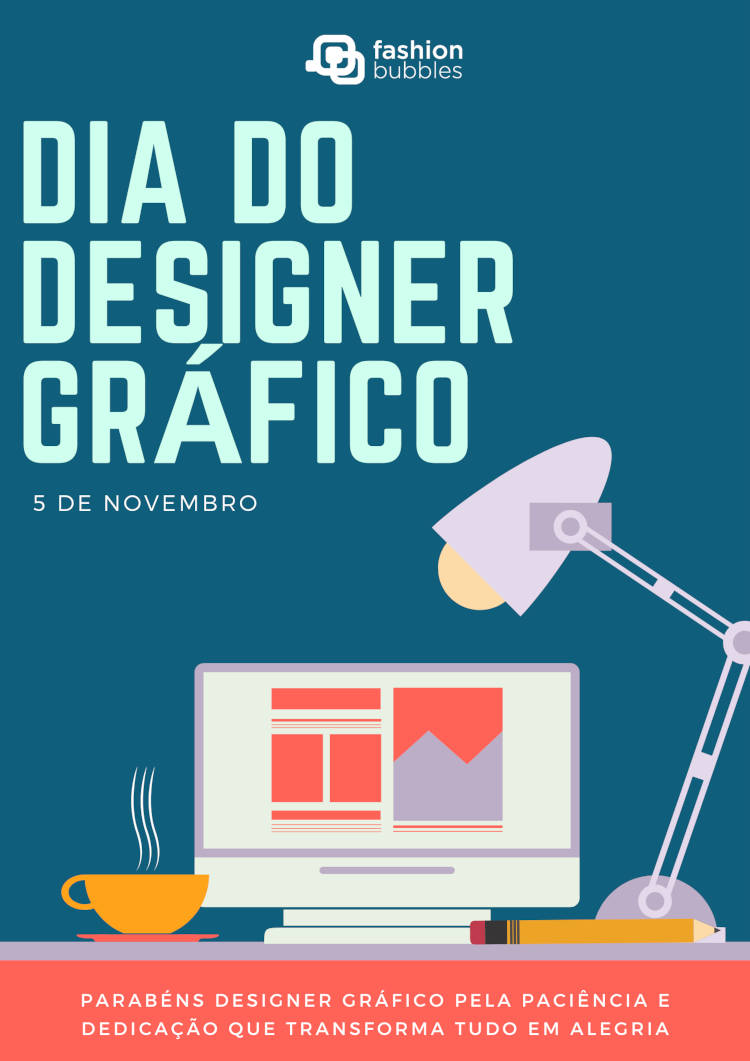 Cartão virtual de fundo azul com desenho de mesa com xícara amarela, computador, lápis e luminária. Embaixo, frase: Parabéns, designer gráfico, pela paciência e dedicação que transforma tudo em alegria!