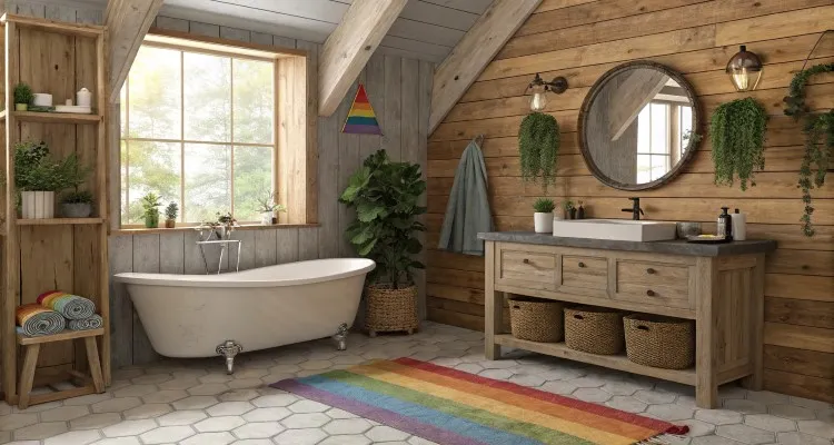 Banheiro rústico com parede de madeira, banheira branca com pés metálicos, pia em bancada de madeira, espelho redondo, plantas decorativas, janela grande iluminada, tapete arco-íris e toalhas coloridas. Ambiente aconchegante com luz natural e detalhes harmônicos.
