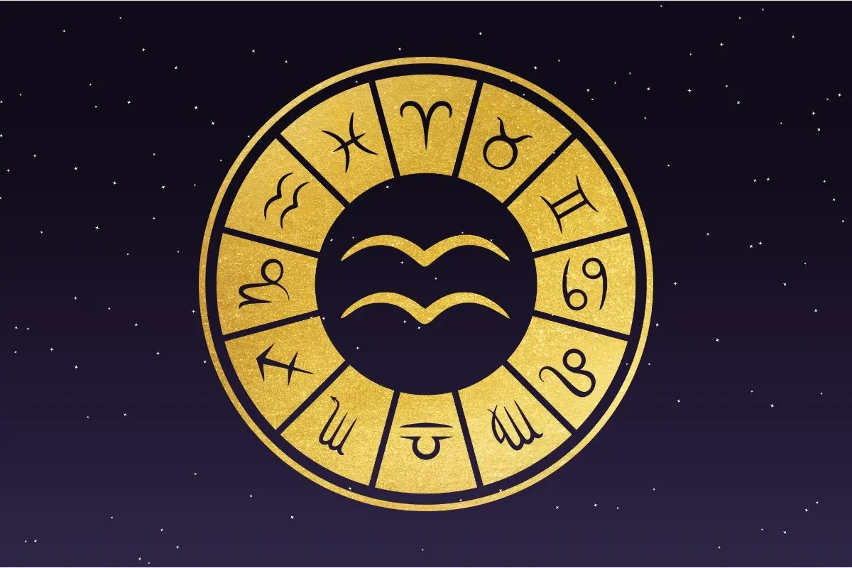 Fundo de céu estrelado com símbolo do signo de Aquário, horóscopo do dia de hoje