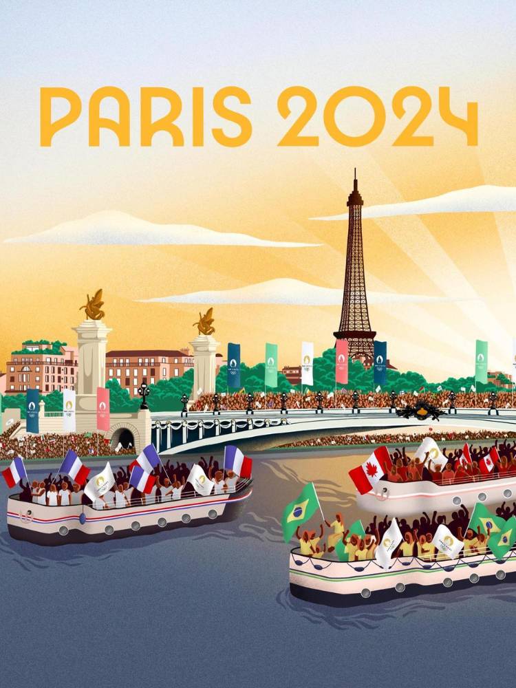 Desenho de barcos no Rio Sena, carregando atletas com bandeiras, como a do Brasil, e Torre Eiffel ao fundo
