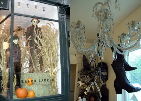 Montagem com vitrine da Ralph Lauren com caveira e vitrine com lustre com botas e chapéu de bruxa 