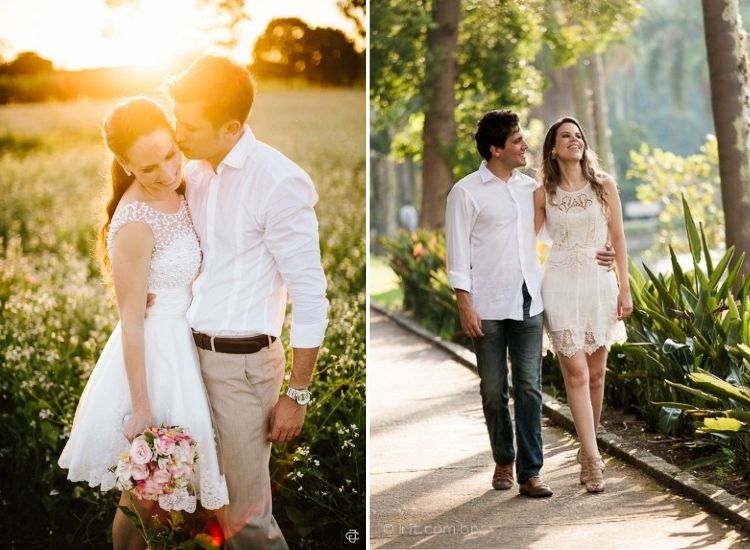 duas fotos de ensaio de casal em que a noiva usa vestido pré-wedding curto vestido pré-wedding curto