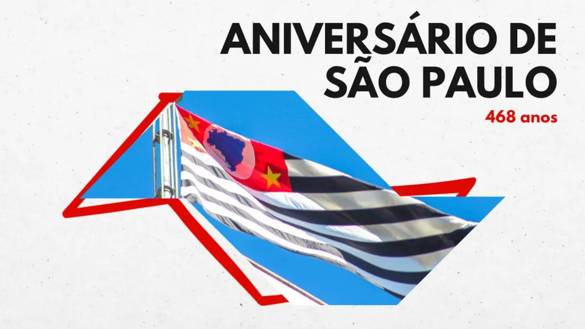 Foto de contorno do estado de SP com foto da bandeira e frase: aniversário de São Paulo 468 anos