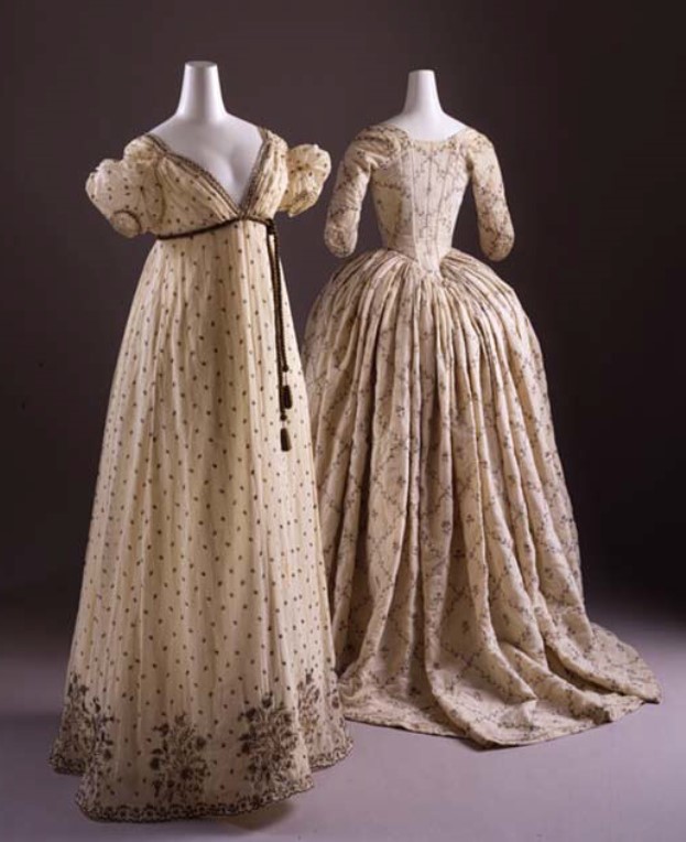 Vestido francês de noite de algodão e fios metálicos, c. 1810. Vestido francês de noite de algodão e fios metálicos, c. 1810.