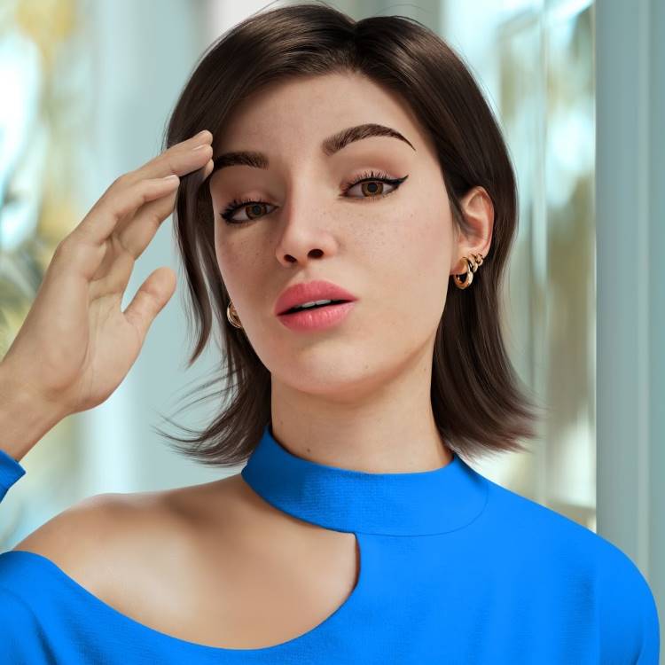Uma mulher digital de cabelos castanhos curtos e olhos castanhos, vestindo um top azul assimétrico, olha com a mão na testa. Ela tem delineador alado, batom rosa e sardas. O fundo está desfocado.