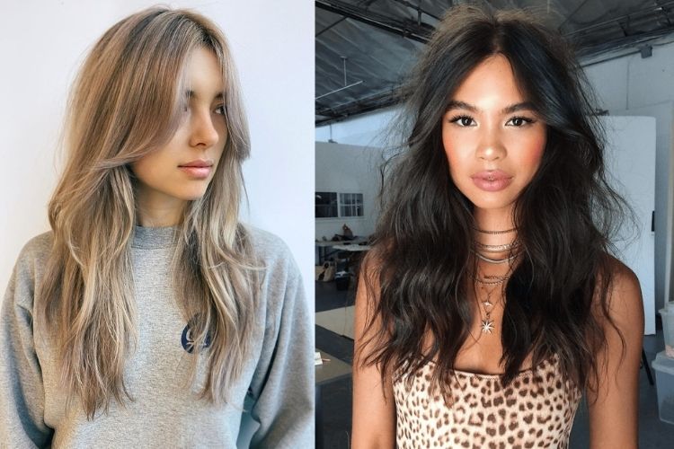 Duas mulheres com franja cortininha cabelo longo