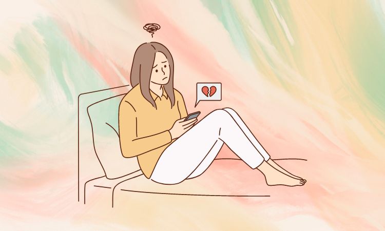 causas do ghosting, ilustração de mulher com coração partido causas do ghosting