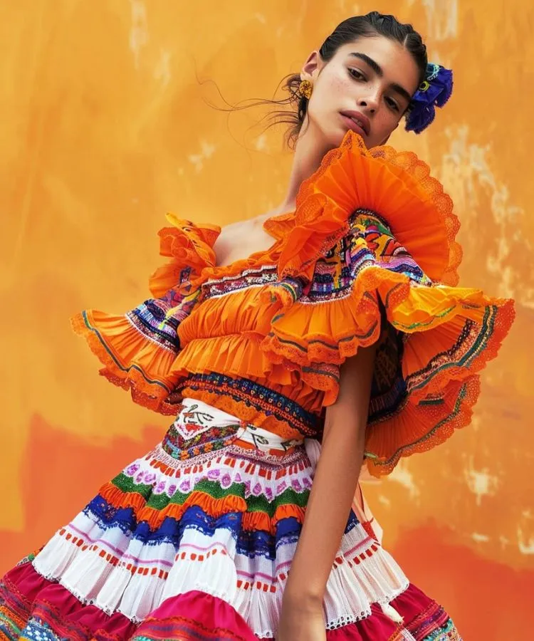 Uma modelo com o cabelo preso e uma flor azul posa com um vestido de estilo mexicano. O vestido laranja e branco tem um corpete com babados e uma saia em camadas com padrões coloridos. A modelo usa brincos pequenos, em frente a uma parede laranja.


Fontes
