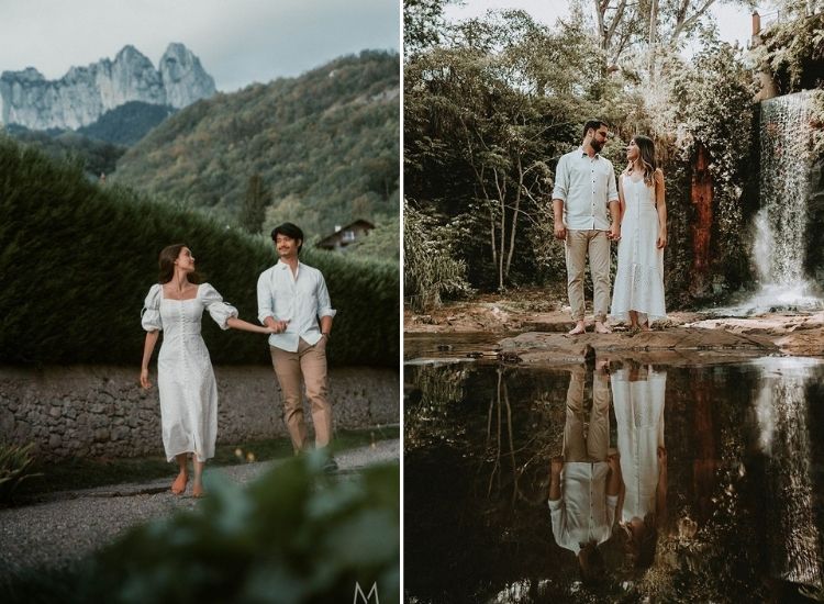duas fotos de ensaio de casal em que a noiva usa vestido pré-wedding mídi vestido pré-wedding mídi