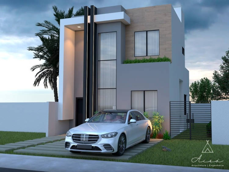 Fachada de casa moderna com garagem para 1 carro.
