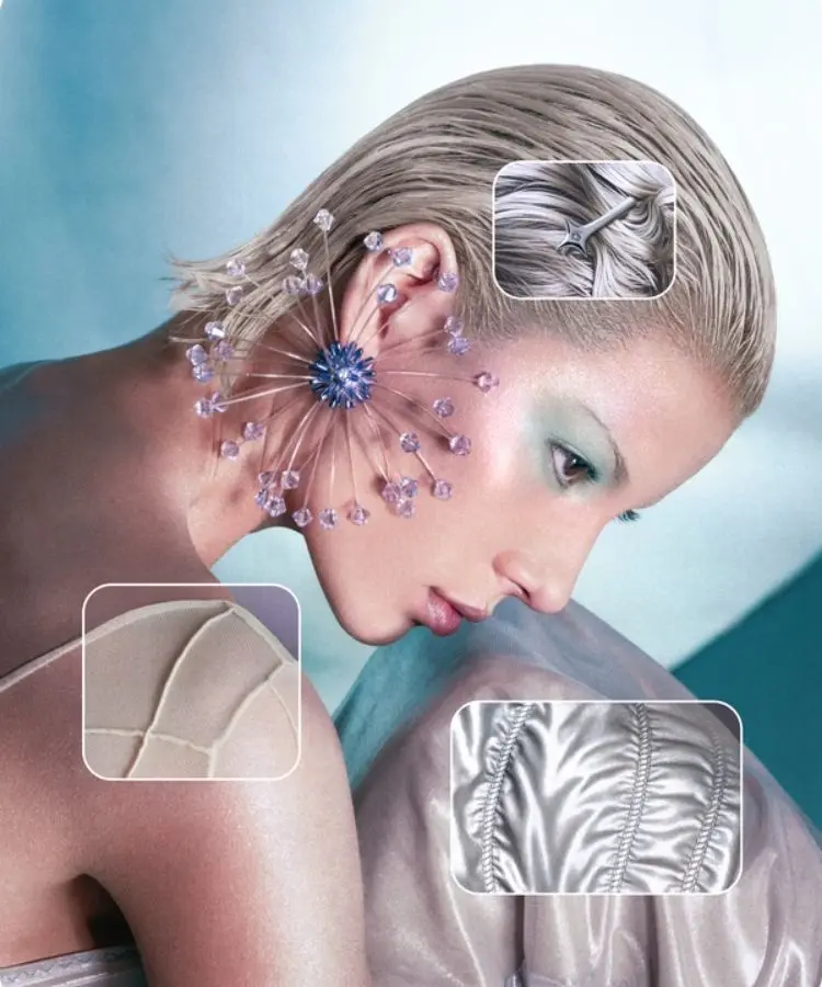 Mulher com estética Elo intergalático, uma das tendências de moda e beleza para 2026 do Pinterest Predicts