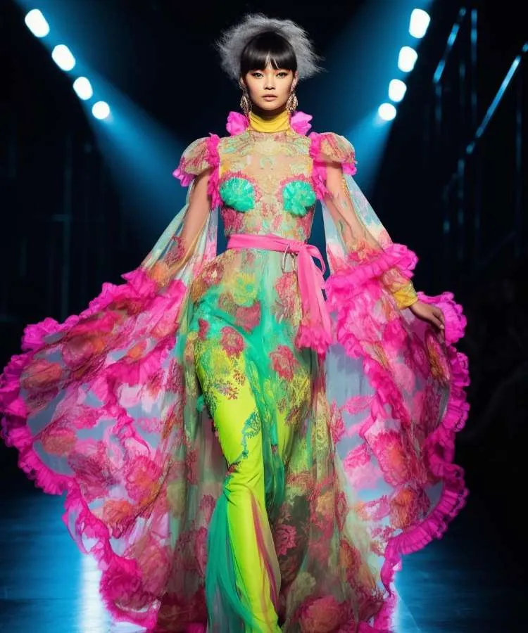 Um modelo com cabelo preto e franja em uma passarela, vestindo um conjunto vibrante. Ele apresenta uma túnica transparente com mangas esvoaçantes e folhos, um corpete floral rosa-choque e um laço na cintura, coordenado com leggings verde-limão.


Fontes
