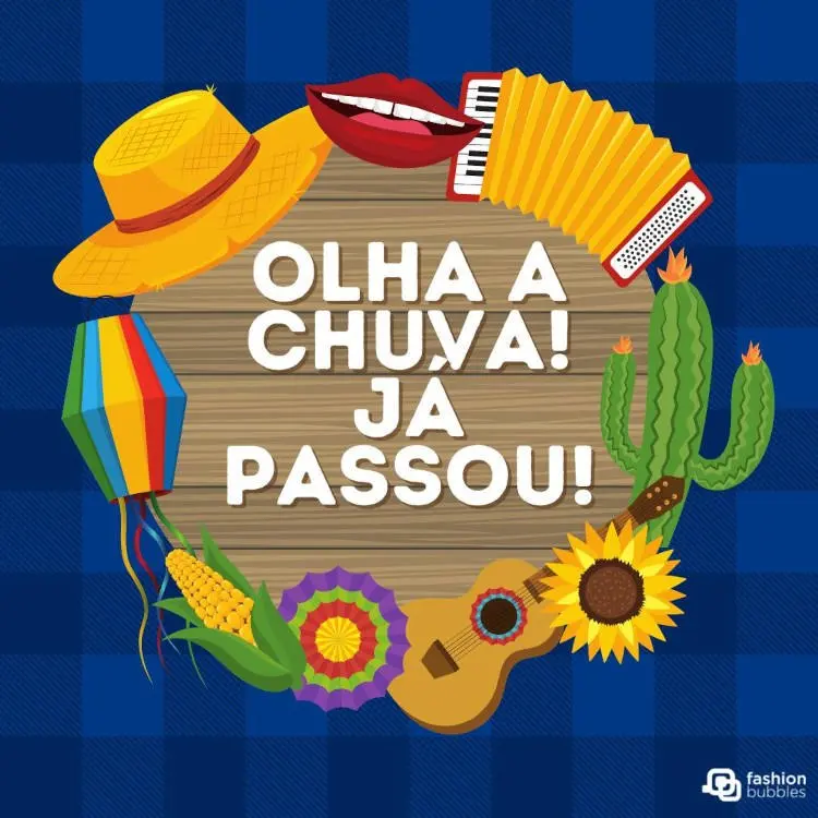 Cartão virtual com fundo xadrez azul, desenho de cacto, balão, chapéu e frase "Olha a chuva! Já passou!"