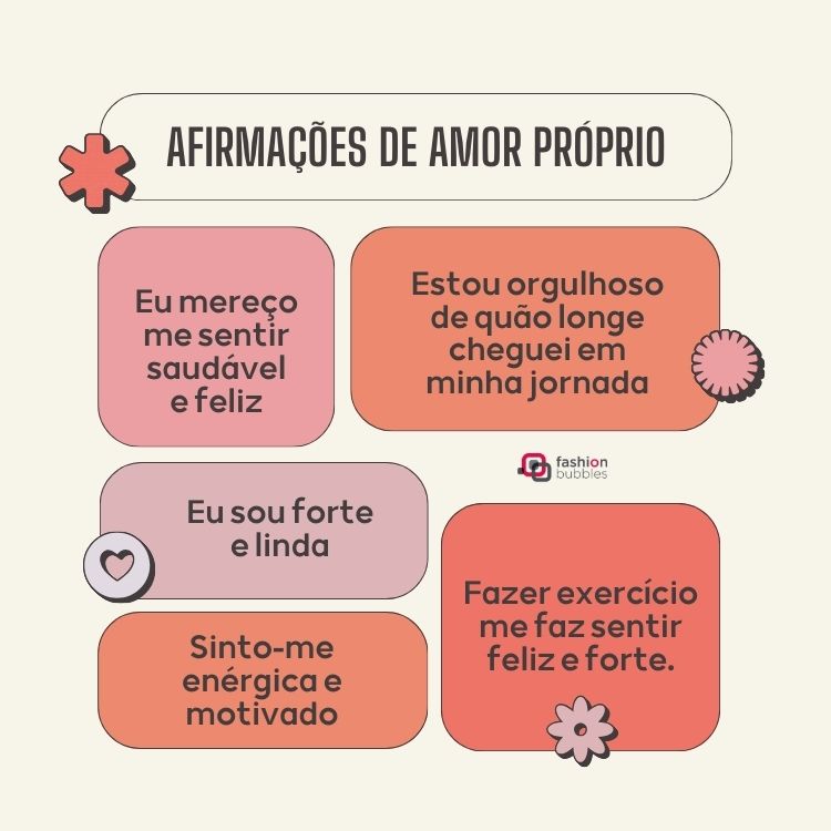 Cinco afirmações de amor próprio escritas em caixas coloridas em fundo nude.

