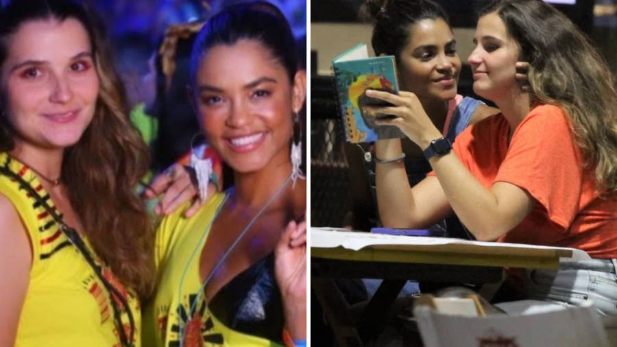 Duas fotos de Lucy Alves com Victoria Zanetti: Uma em um camarote na sapucai e outra em um restaurante.
