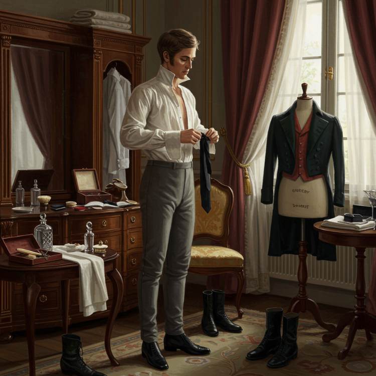 Um homem elegante do século XIX prepara-se diante de um espelho, segurando uma gravata em um quarto decorado com luxo. Atrás dele, há um manequim com paletó sobreposto, botas polidas e acessórios refinados espalhados.