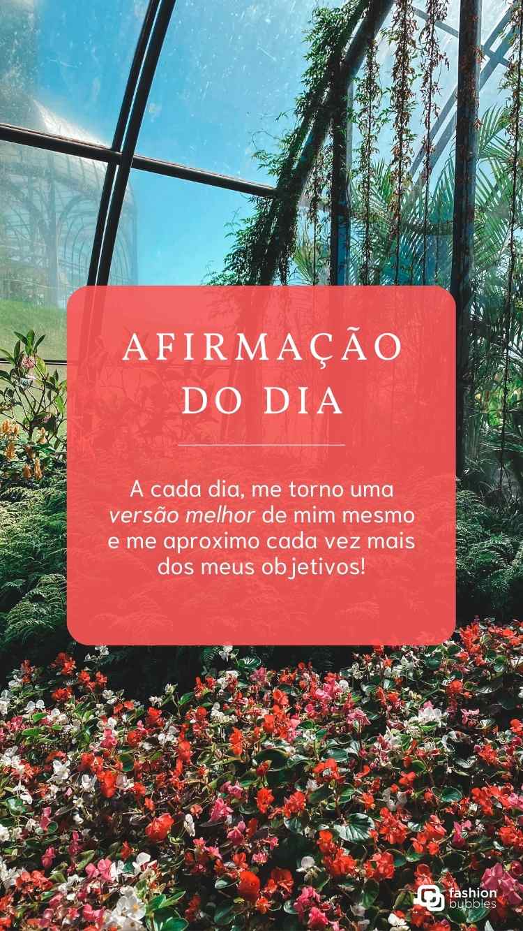 Afirmação do dia escrita em branco em fundo vermelho sobre foto de jardim com plantas e flores.
