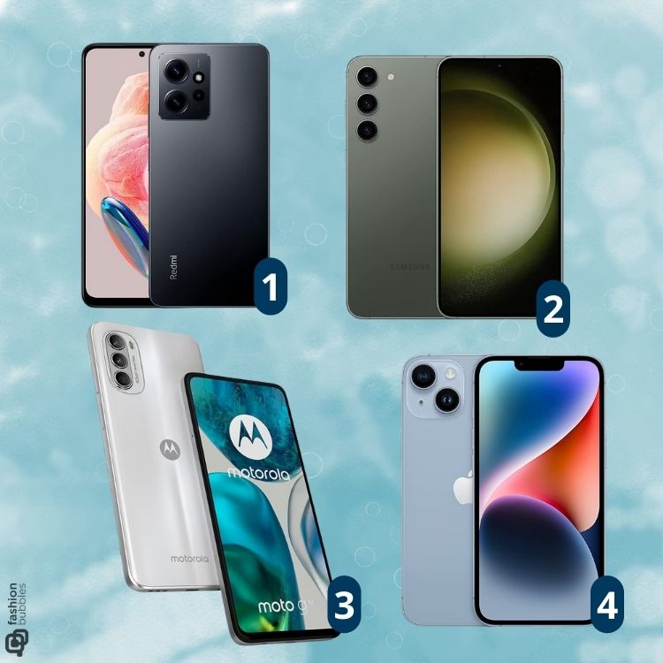 4 celulares diferentes: Xiaomi, Samsung Galaxy, Moto G52 e Iphone 14