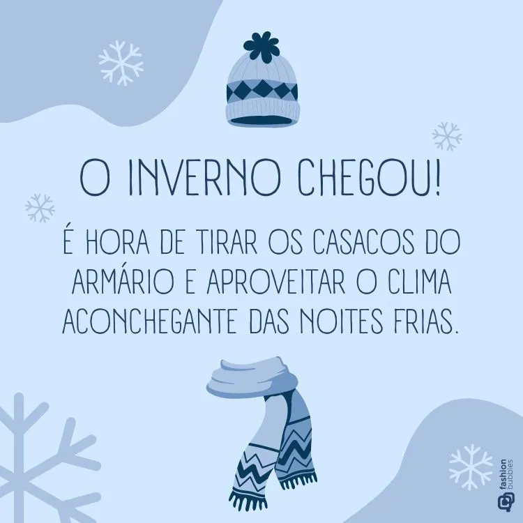 Frase de inverno escrita em fundo azul com desenho de touca e cachecol