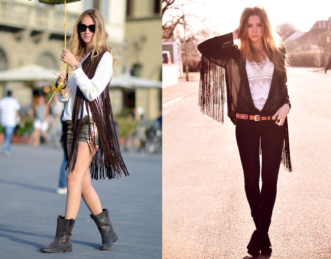 montagem com 2 ideias de looks caipira com franjas