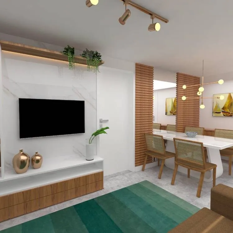 Sala de estar e jantar com decoração clean, com parede em mármore, detalhes em madeira, tons neutros e apenas um sofá verde água em destaque.