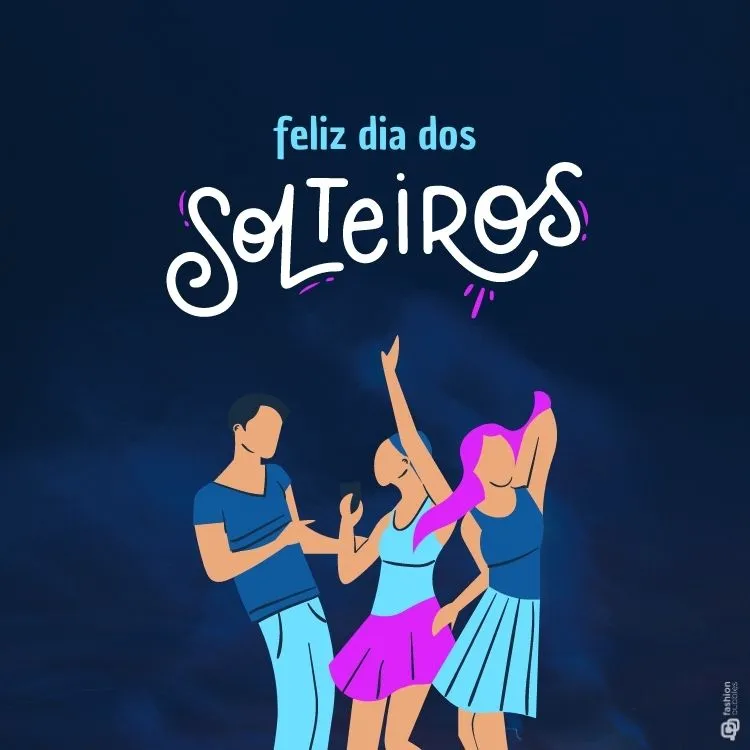 montagem em fundo azul escuro com feliz dia dos solteiros e desenho de 3 pessoas dançando