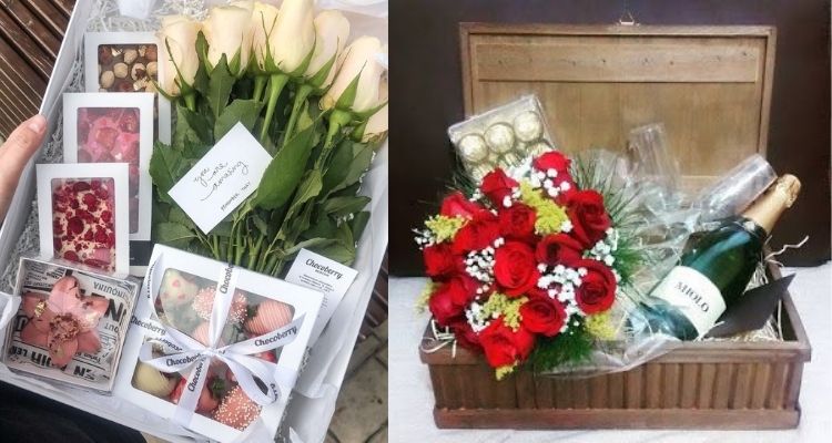 Montagem de duas cestas românticas com doces e flores