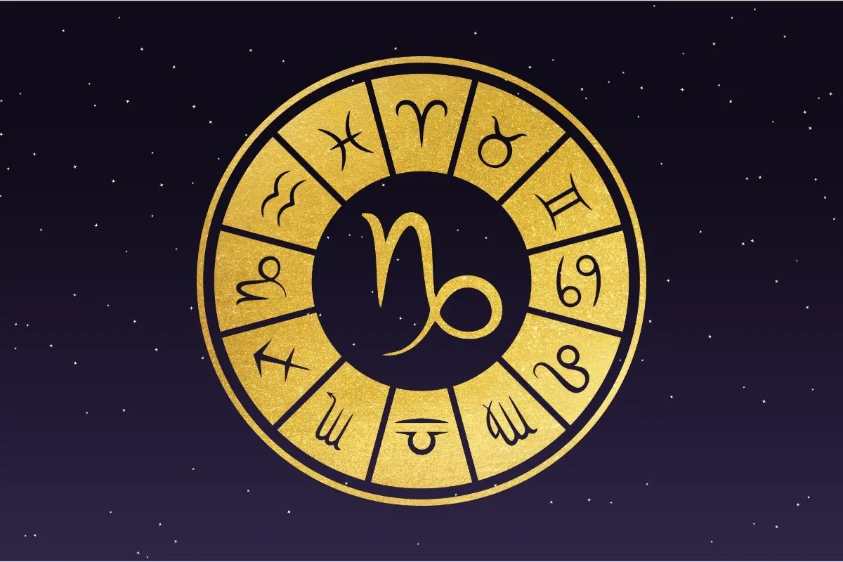 Fundo de céu estrelado com símbolo do signo de Capricórnio, horóscopo do dia de hoje