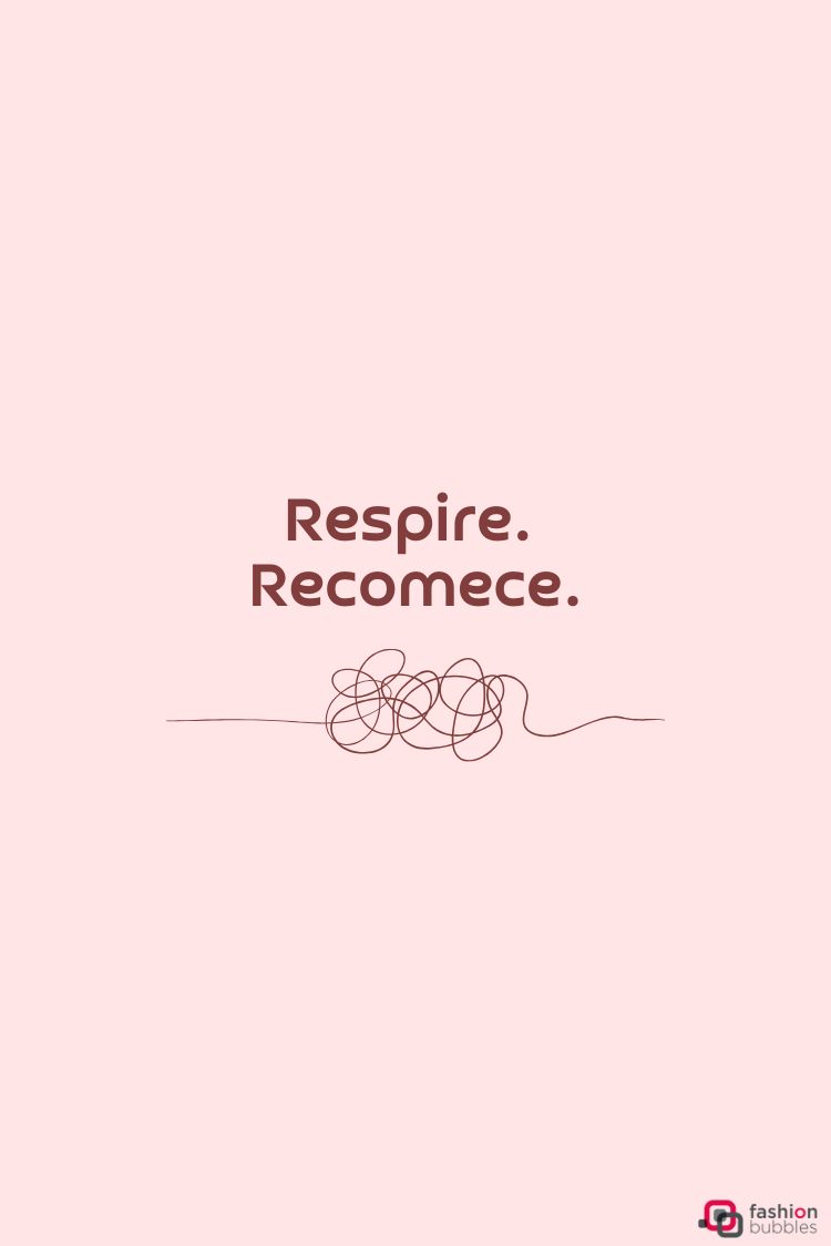 A imagem apresenta um fundo rosa pálido, com as palavras "Respire. Recomece." em negrito no centro. Abaixo delas, um rabisco de linha emaranhada transita para uma linha reta e limpa, simbolizando a clareza após o caos. A imagem evoca uma sensação de paz e renovação.