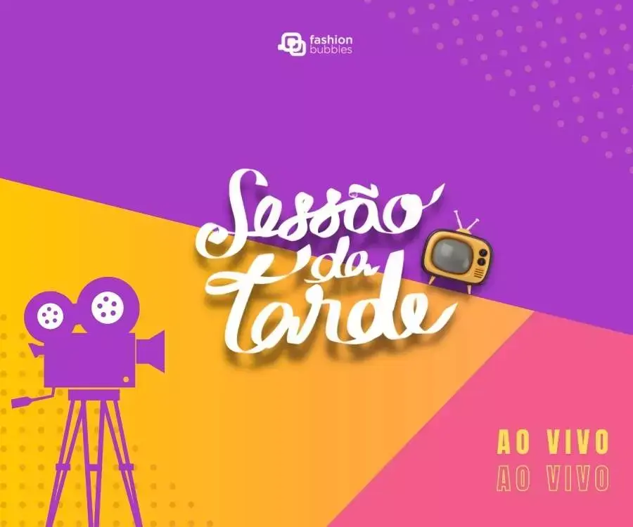 Logo da Sessão da tarde e desenhos de TV e câmera. Fundo cores roxo, amarelo e rosa.