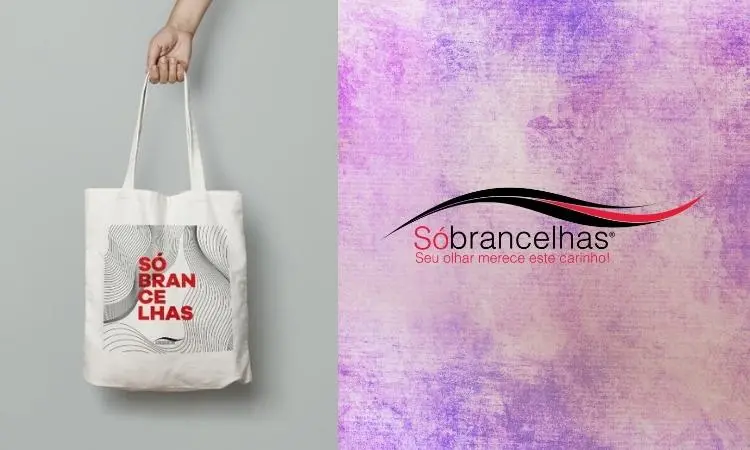 Montagem de pessoa de pele clara segurando ecobag branca da Sobrancelhas e foto de fundo roxo com a logo da Sóbrancelhas