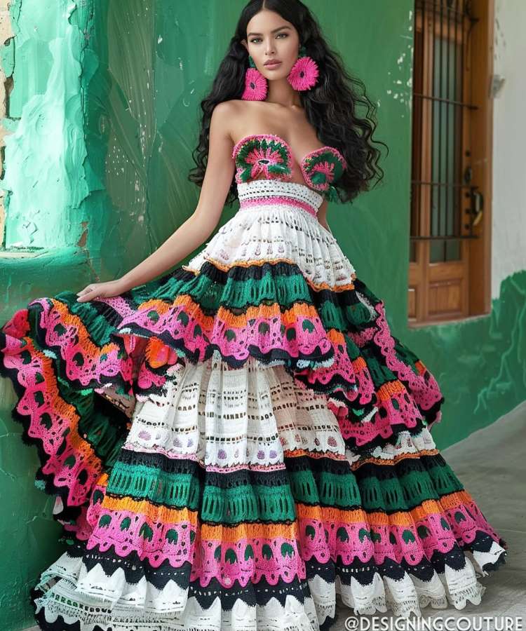 Uma modelo posa em um vestido de crochê sem alças com corpete em forma de concha. O vestido é em camadas de branco, rosa, verde, preto e laranja, com babados, e a modelo usa brincos grandes de flores cor-de-rosa, em frente a uma parede verde. Fontes