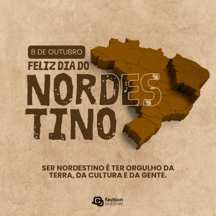 Card de fundo bege com desenho relevo do Brasil com destaque para o Nordeste e frase Ser nordestino é ter orgulho da terra, da cultura e da gente.