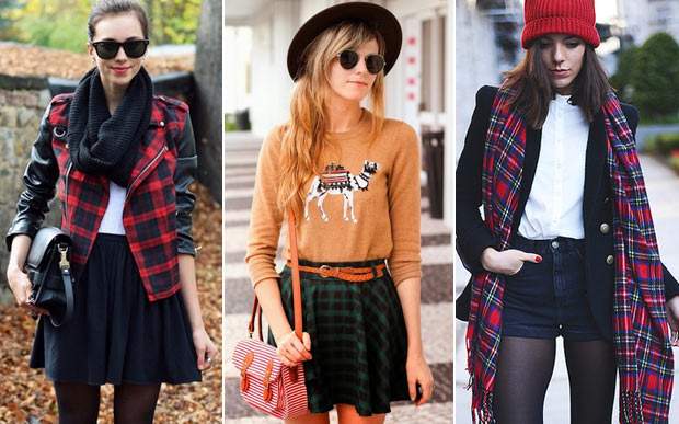 montagem com 3 looks usando peças com estampa xadrez