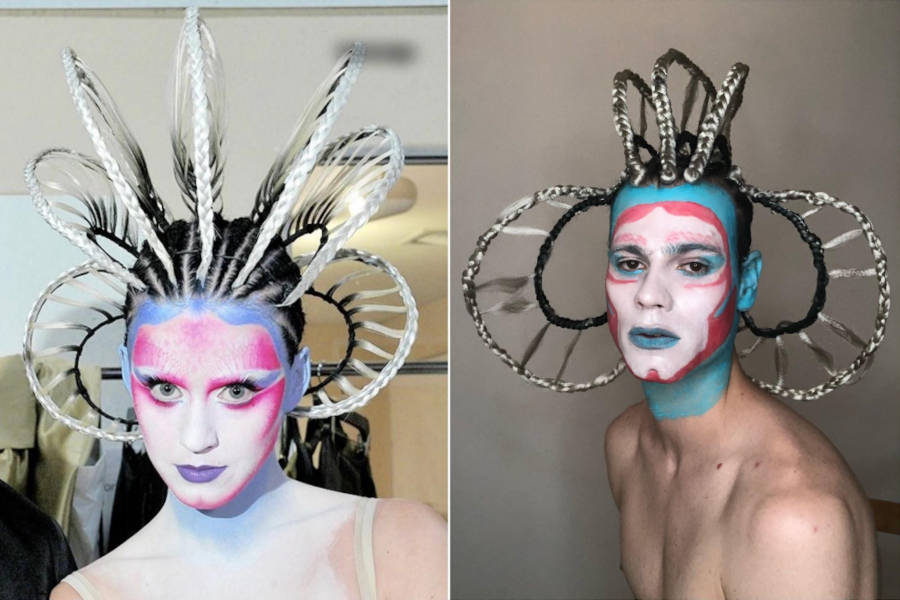 Montagem de Katy Perry e Felippe Vier maquiados de ET para o Dia das Bruxas