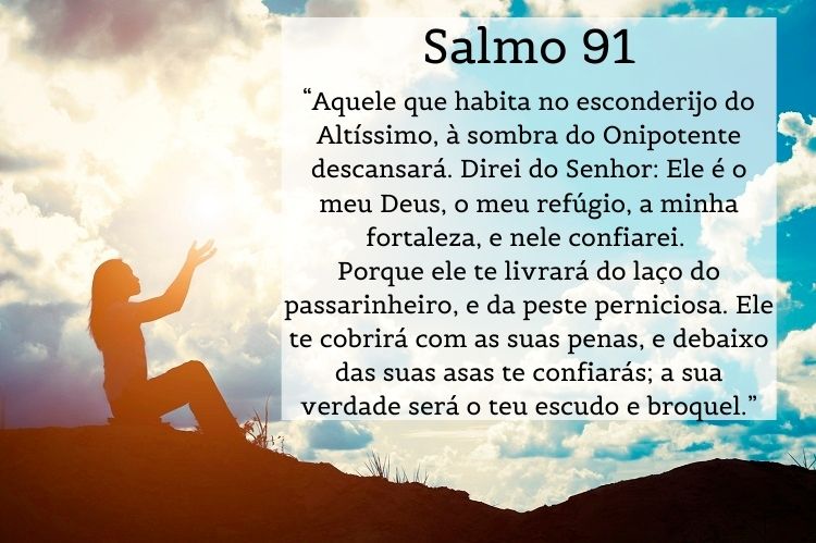 foto de pessoa levantando as mãos para o céu e salmo 91