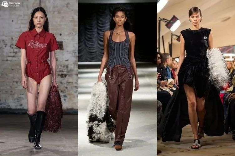 Modelos usando bolsa nuvem, uma das tendências da London Fashion Week Primavera Verão 2027