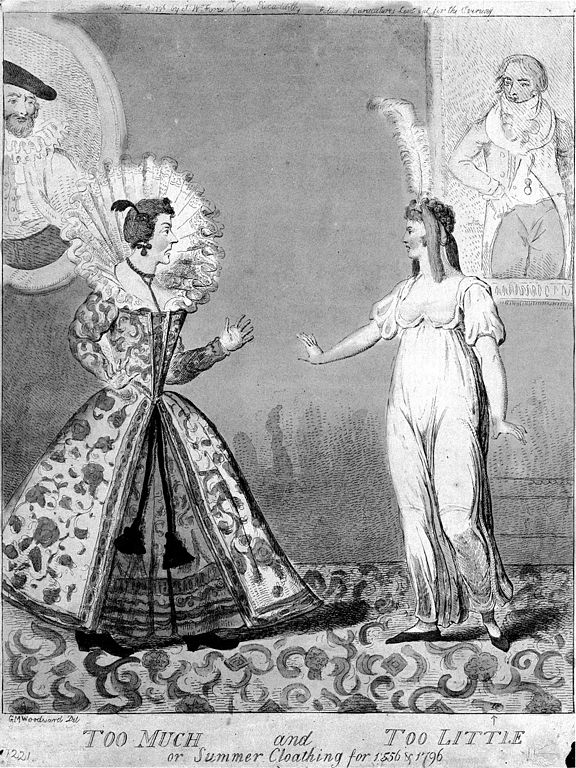 Desenho de 1796 satirizando o contraste entre a roupa do século XVI e do final do século XVIII com a moda império. 