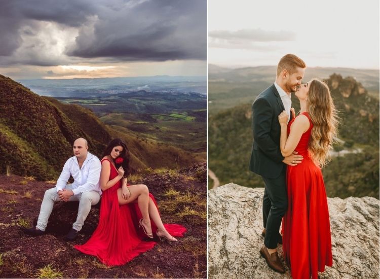 duas opções de vestido pré-wedding vermelho, uma com fenda e a outra com saia rodada vestido pré-wedding vermelho