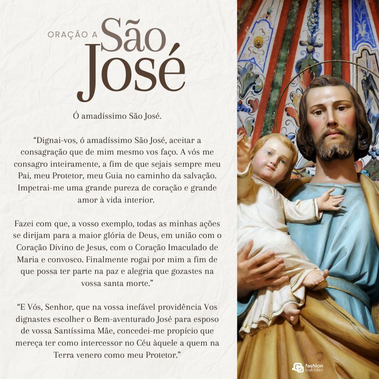 Imagem de santo segurando o Menino Jesus, ambos com expressões serenas. Ao lado, está escrita a "Oração a São José". O cenário inclui ornamentos coloridos de igreja, destacando devoção e espiritualidade no design visual.