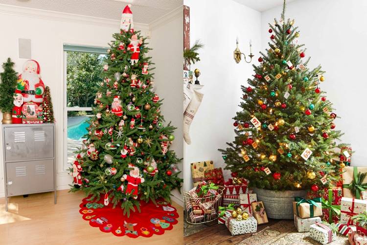 Árvores de Natal decoradas com Papai Noel e presentes. Foto de Árvores de Natal decoradas.