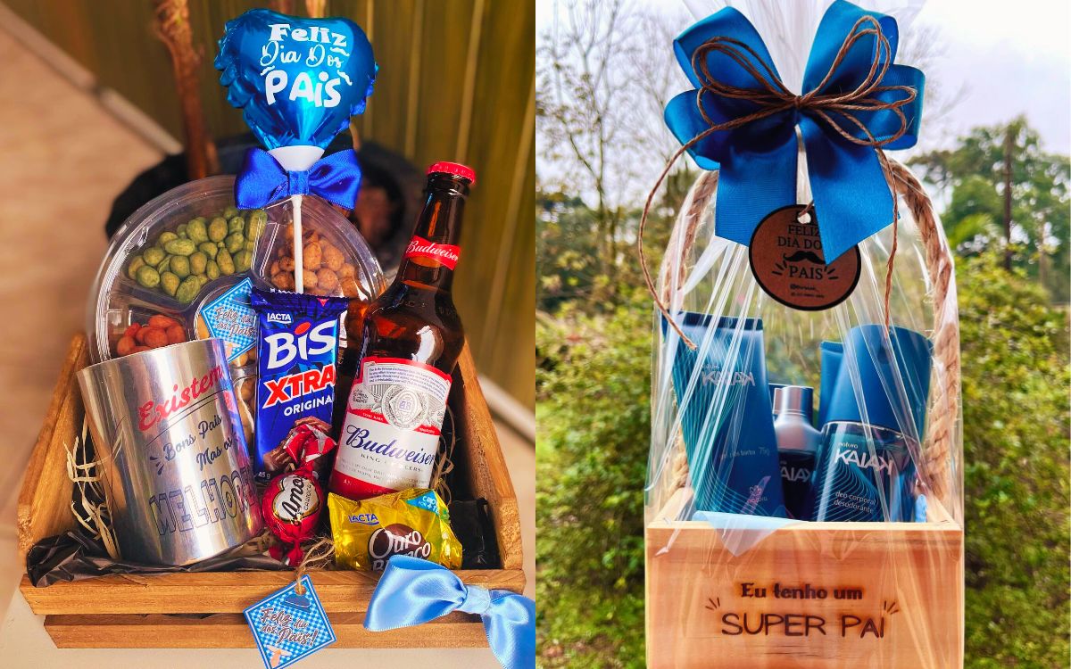 Montagem com 2 fotos de cestas criativas para Dia dos Pais, com cerveja, amendoim, bis. E outra com produtos de beleza