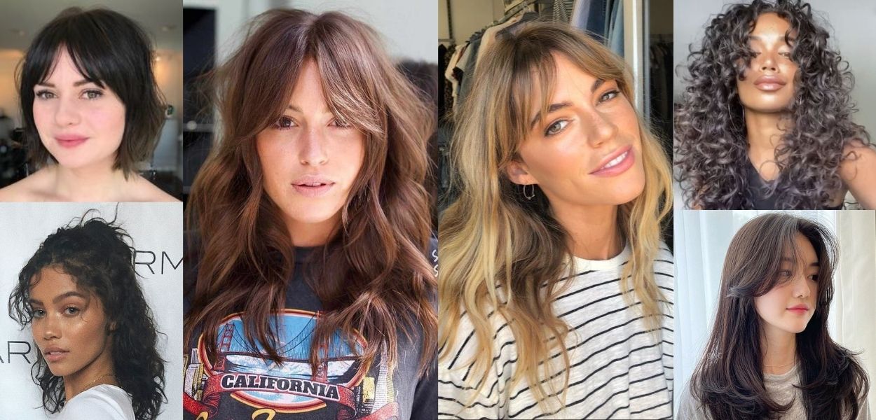 montagem com fotos de mulheres usando curtain bangs ou franja cortininha