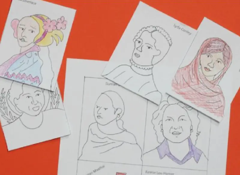 personalidades da história das mulheres desenhadas em papel desenhos coloridos de mulheres em papel branco