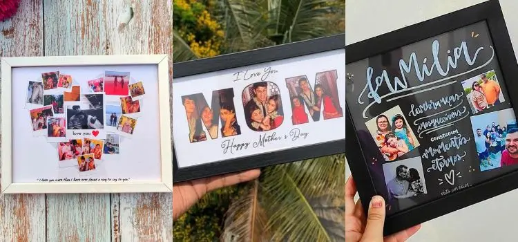 Montagem com 3 ideias de porta-retrato personalizado com fotos da família para o Dia das Mães: "Porta-retrato com fotos da família coladas em formato de coração", "Porta-retrato com foto da família coladas nas letras MOM", "Porta-retrato com foto da família e mensagem 'Família, lembranças inesquecíveis constroem momentos eternos".