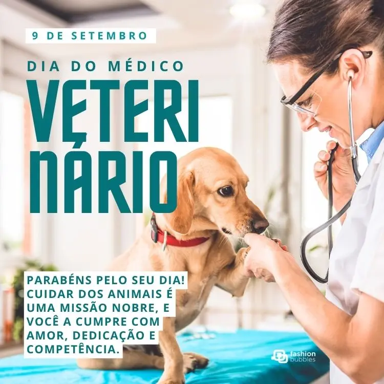 Card com foto de mulher examinando cachorro e frase: Parabéns pelo seu dia! Cuidar dos animais é uma missão nobre, e você a cumpre com amor, dedicação e competência.