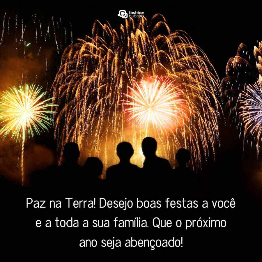 Sombra de pessoas vendo fogos de artifício no céu e frase: Paz na Terra! Desejo boas festas a você e a toda a sua família. Que 2025 seja um ano abençoado!