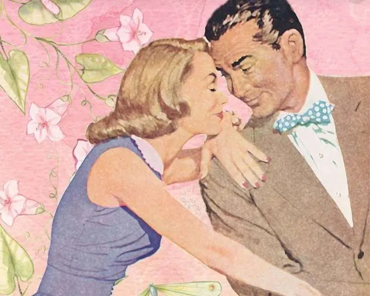 Desenho antigo de homem e mulher, ambos de pele clara, bem p´roximos, em fundo rosa com flores